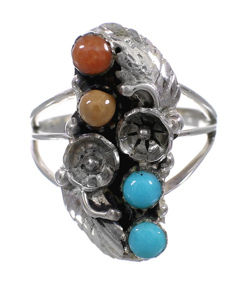 Coral And Turquoise Silver Flower Ring Size 5-3/4 AX81956